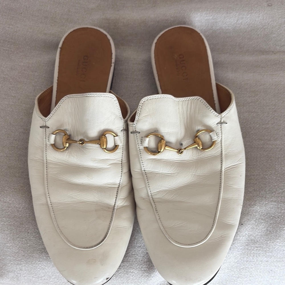 Gucci White Gold Mules with Horsebit Detail